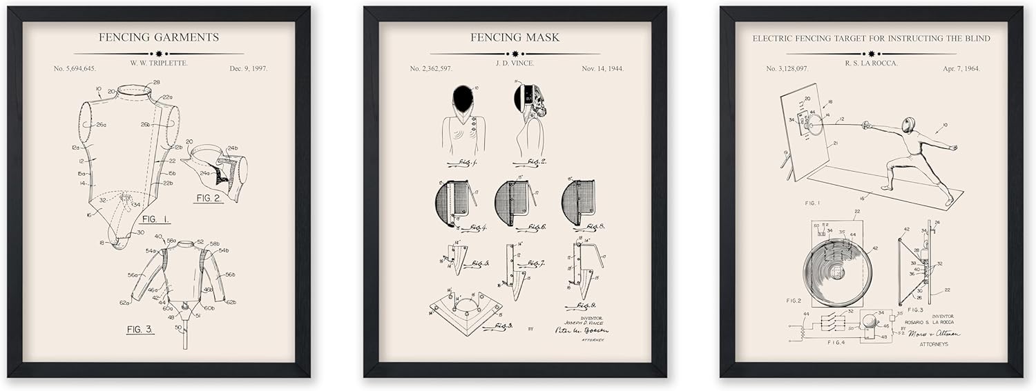 Poster Master 3-Piece Fencing Garment Patent Print - Fencing Blueprint Poster - Sports Mask & Target Art - Technical Drawing Wall Design - Great Gym or Office Decor - 8x10 UNFRAMED Wall Art
