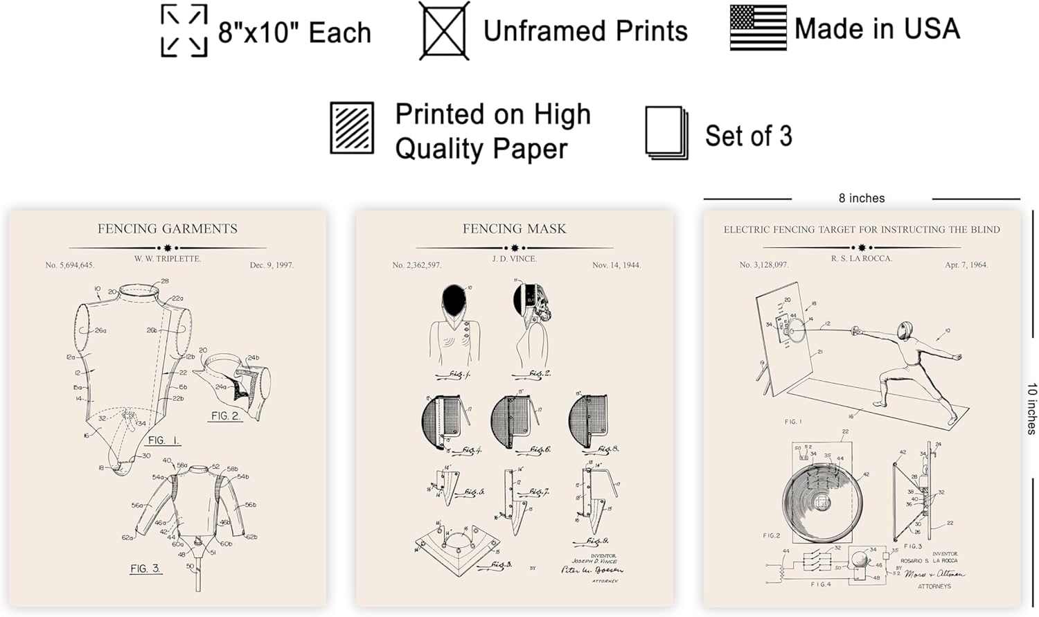 Poster Master 3-Piece Fencing Garment Patent Print - Fencing Blueprint Poster - Sports Mask & Target Art - Technical Drawing Wall Design - Great Gym or Office Decor - 8x10 UNFRAMED Wall Art - Image 2